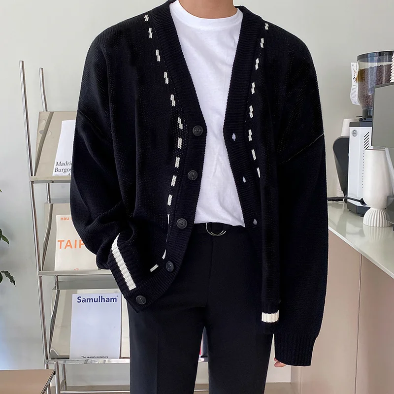 Winter Autumn Men's Fashion Chic Topstitch Decoration Knitting Cardigan New Loose V-neck Single Breasted Sweater Tide 2022