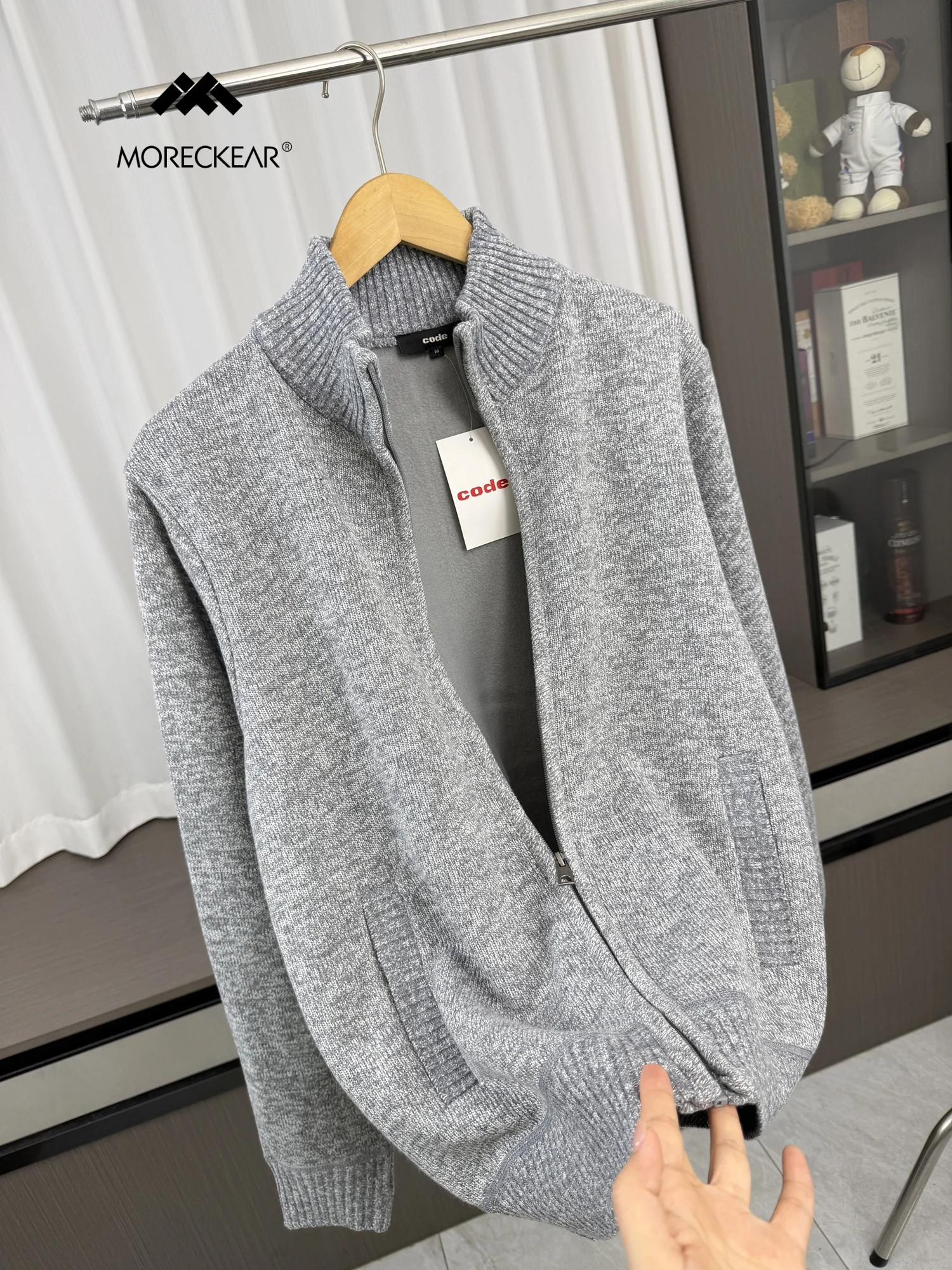 Soft Warm Fleece Lined Casual Men's Knitwear Stand Collar Jacket Open Cardigan Sweater Outerwear Autumn Winter Fashion