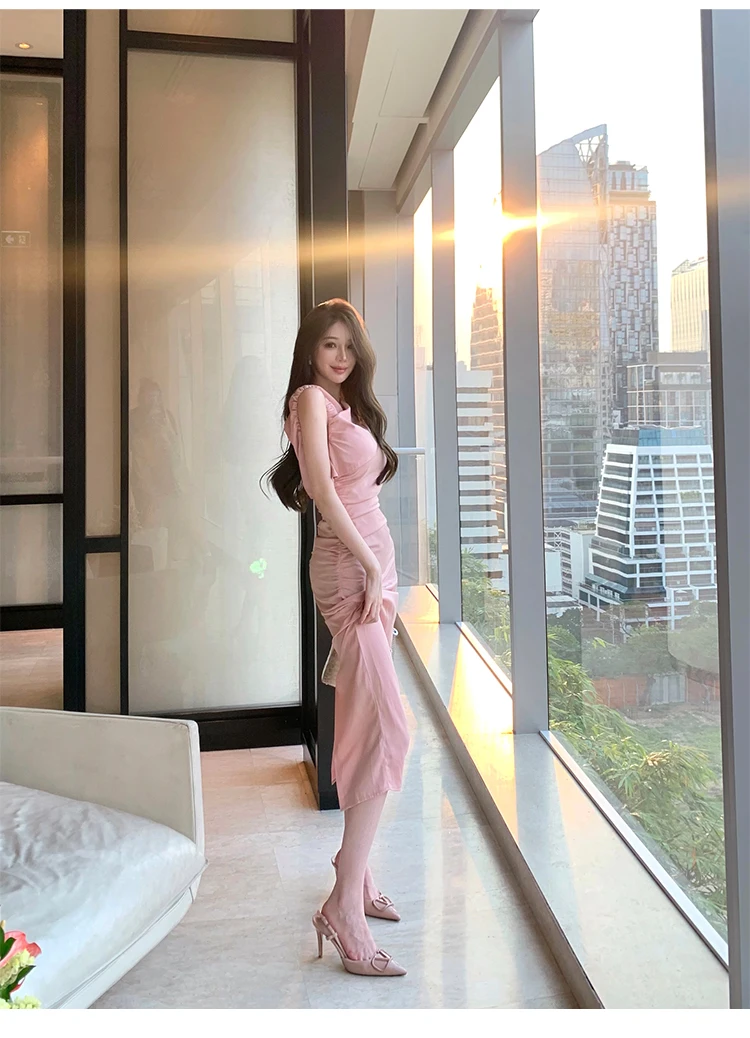 

Korean Elegant Chic Pink Midi Dresses for Women 2024 Summer New Sexy Fashion Bodycon Sleeveless Evening Party Female Clothing