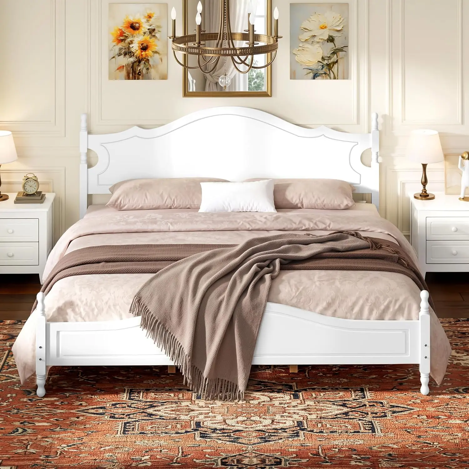 Wood Bed Frame Vintage Gothic Headboard Platform Slat Support Bedroom Guest Room Easy Assembly, Customized
