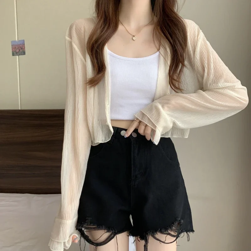 Sun-proof Shirts Women Sweet Vacation Thin Summer Crop Tops Loose Hot Sale Ins Pure Beach Style All-match Basic New Arrival Soft