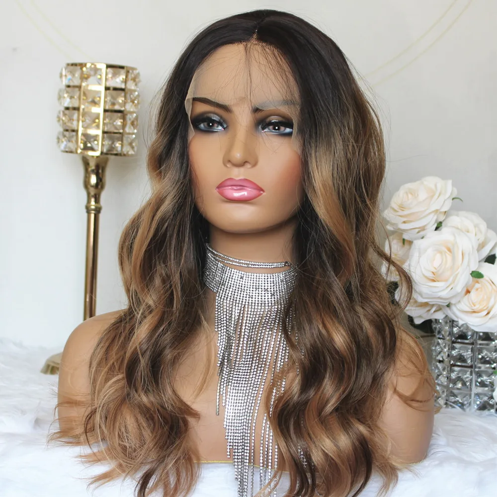 Ombre Honey Blonde Body Wave Synthetic Lace Front Wig for Women 13x4x1 T Part Medium Length  Pre plucked Natural Looking Wig