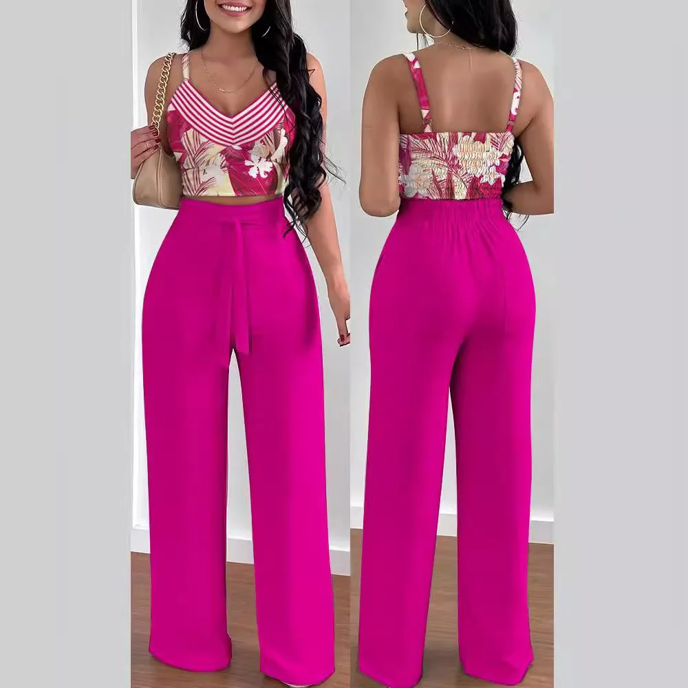 2 Piece Outfits For Women 2025 Sexy V-Neck Strap Shirred Slim Crop Top & Lace-up Wide Leg Pants Sets Elegant Office Lady Suit