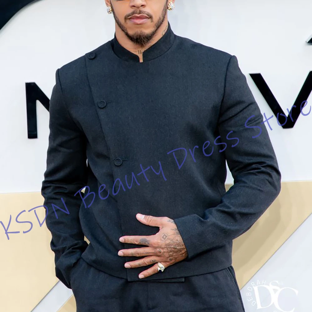 Modern Men's Black Mandarin Collar Suit Asymmetric Single-Breasted Slim Fit Jacket+Pants Set for Prom Formal Evening Parties