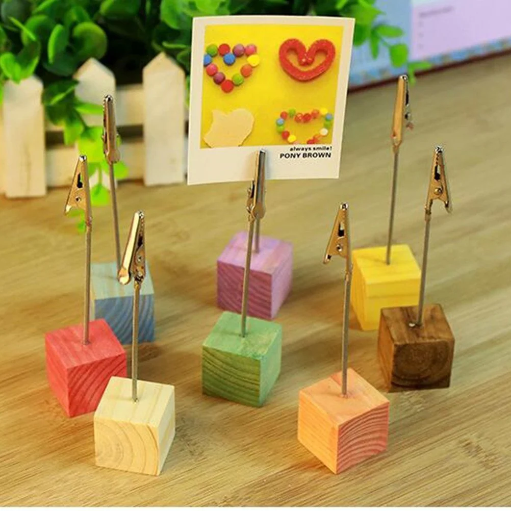 8pcs Pine Base Photo Holder Stand Note Desk Memo Clip (Random Color) Note clip Wooden holder