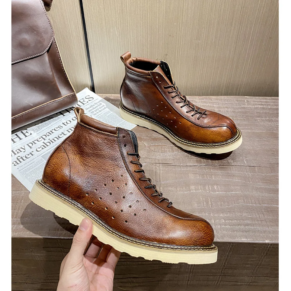 Fashion Men's Genuine Leather Hollow Out Chelsea Boots British style High Top Leather Shoes Outdoor Mid-calf Western Work Boots