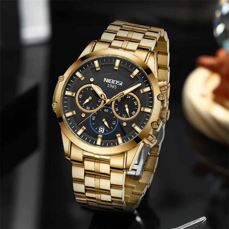 NIBOSI Brand New Sport Quartz Watch for Men Stainless Steel Waterproof Luminous Chronograph Wristwatch Mens Relogio Masculino