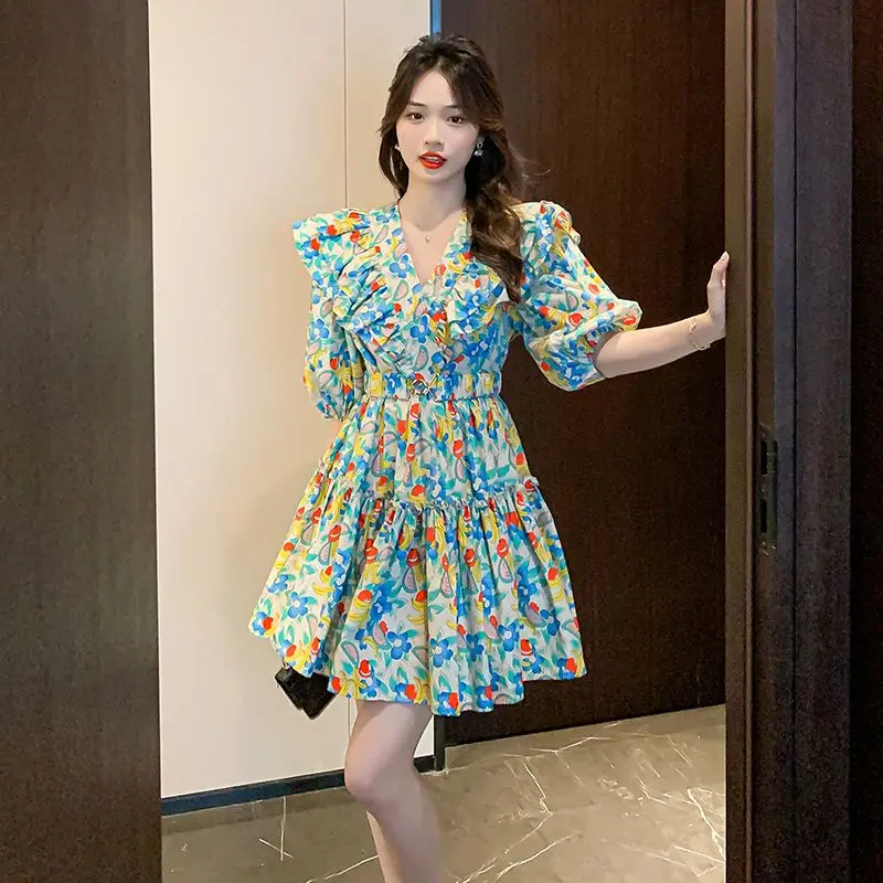

Summer V-neck Ruffles Floral Dress 2025 New Women Clothing Korean Corset Midi Dress Korean Pleated Pullover Women's Mini Dress