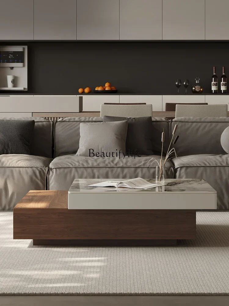 

06Italian Minimalist Coffee Table Stone Plate Square Rotating Small Apartment Storage Modern Minimalist High-End