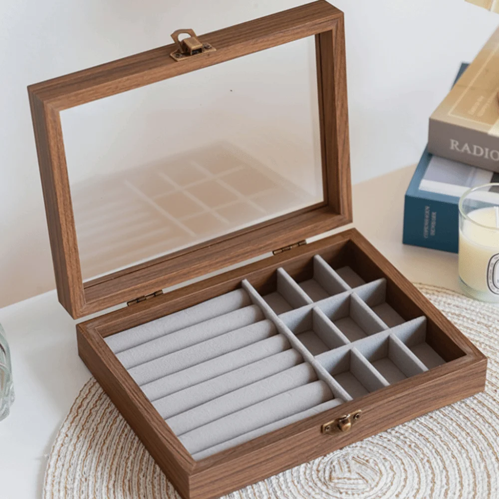 Retro Elegant Wood Jewelry Box Glass Lid Dust-proof Jewelry Organizer Velvet Storage Box Ring Display Holder Desk