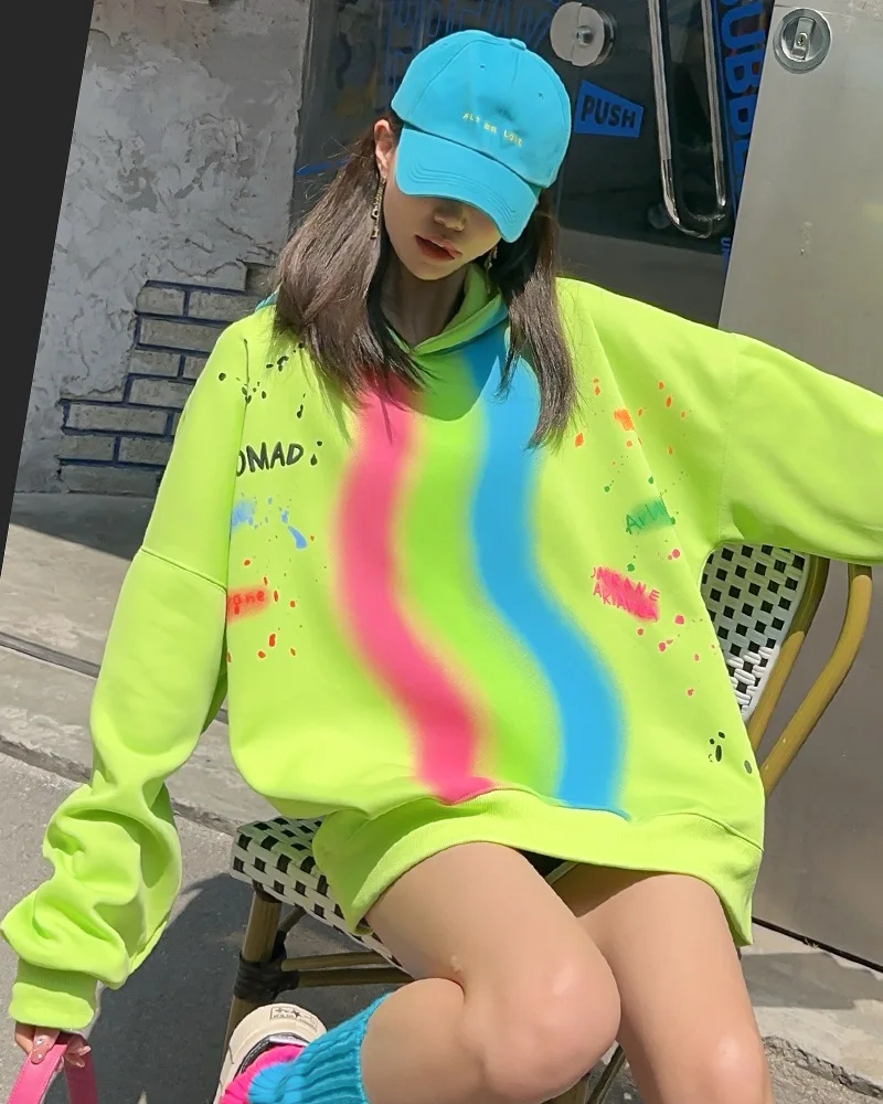 Casual Rainbow Color Oversized Hoodies Tops Women Plus Size Sweatershirt Sportwear Y2k Clothes Outwear Bust 150cm 2024 Autumn