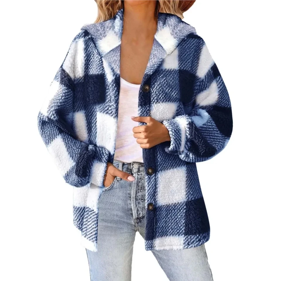 

Autumn Winter Printed Plaid Hooded Button-up For Women's Coat Warm Plush Loose Casual Ladies All-match Coait 2024