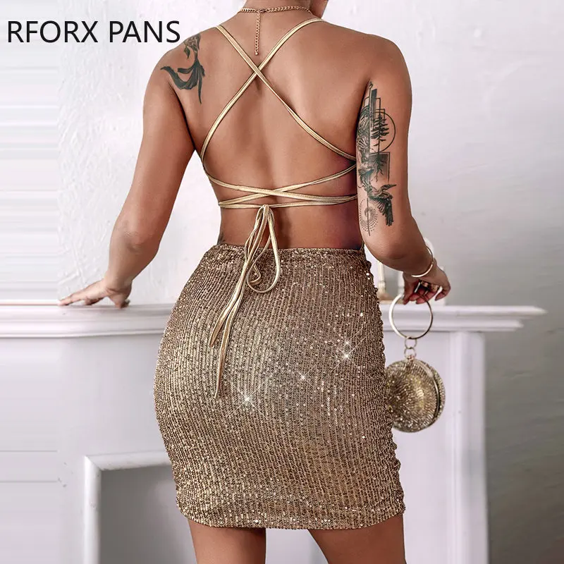 ผู้หญิงสปาเก็ตตี้สายรัด Criss Cross Lace Up Backless Sequins Midriff Bodycon มินิเซ็กซี่ชุดเดรสปาร์ตี้