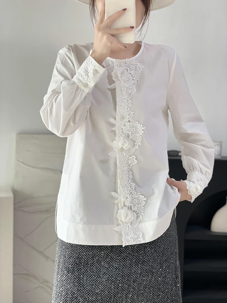 

Ele Lace Embroidery Cotton irt Loose Age-Defng Women's Faion Spring 2026 Straight Cut Long Sve round Ne Open C...