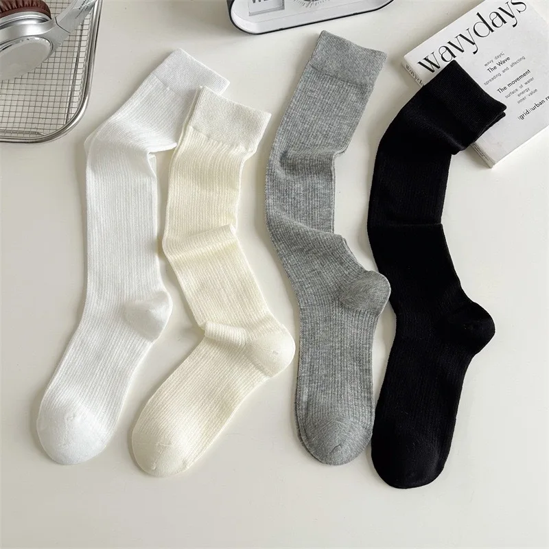 

4paris Women Stockings Women's Mid-calf Socks JK Lolita Sweet Girls Long Socks Stocking Solid Color Black White Gray Knee Sock