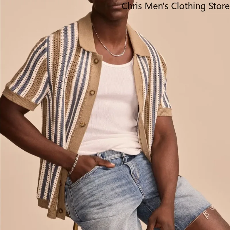 

Summer Luxury Breathable Slim Fit Short Sleeve Knit Casual Shirt High Quality Men Vintage Striped Crochet Knitting Shirt T-shirt