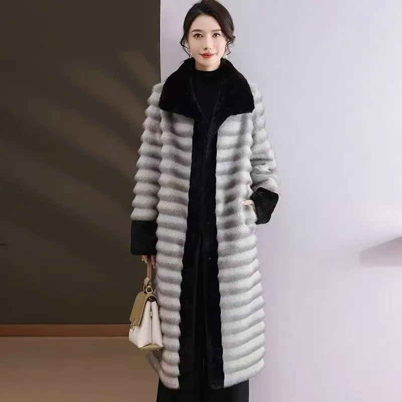 2025 Winter Long Striped Fluffy Faux Mink Fur Coat Women Stand Collar Warm Long Trench Coats Fashion Fluffy Plush 2025 Outerwear