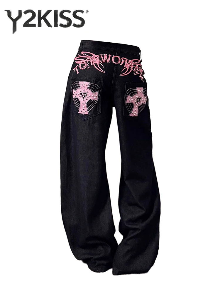 

Women's Baggy Jean Punk Dark Academia Denim Pants Embroidery Wide Fit Abi Y2K Japanese Harajuku 2000s Goblin Core Grunge Tide