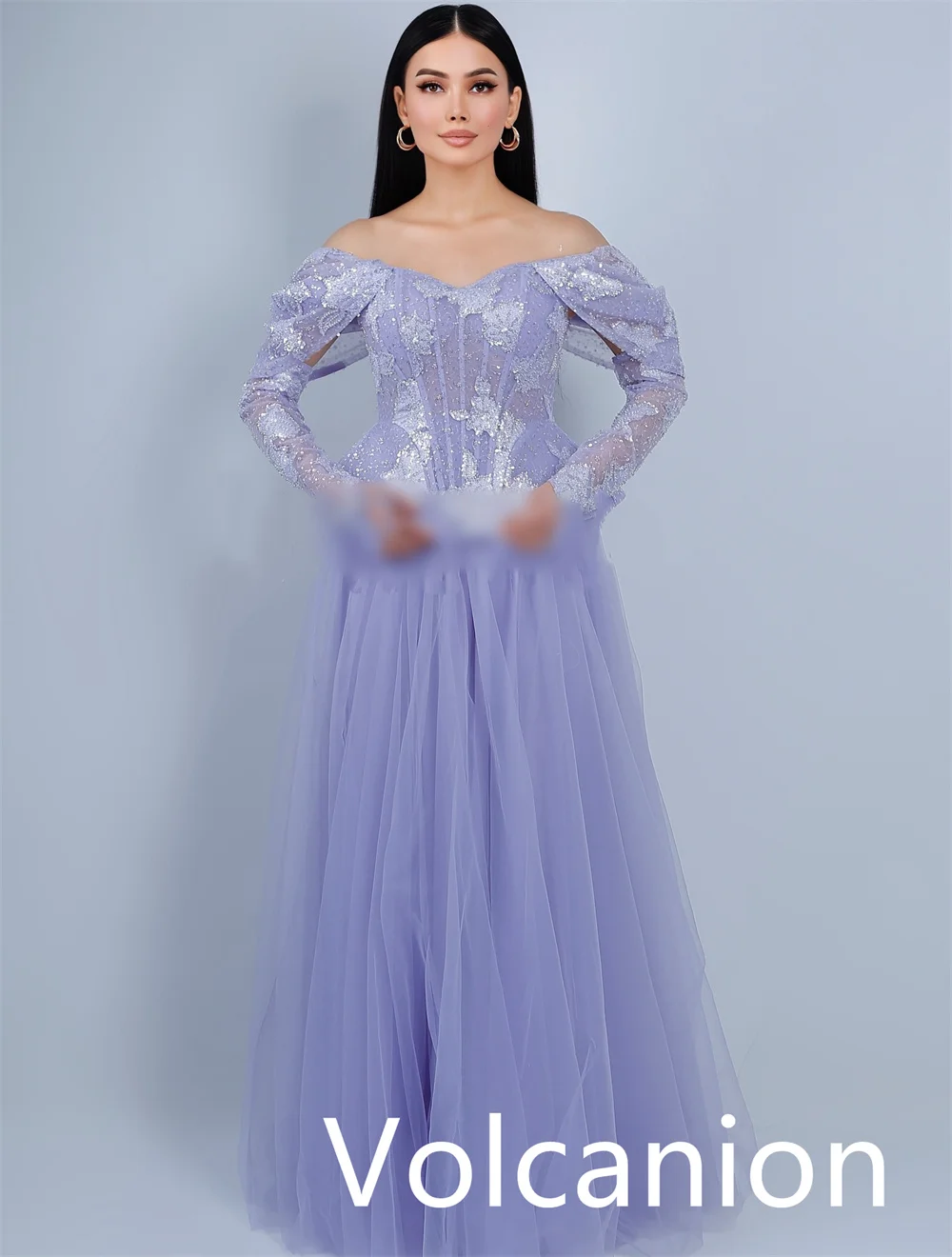 Op maat gemaakte glitter formele chiffon lovertjes plooi A-lijn off-the-shoulder lange jurken op maat gemaakte gelegenheid casual