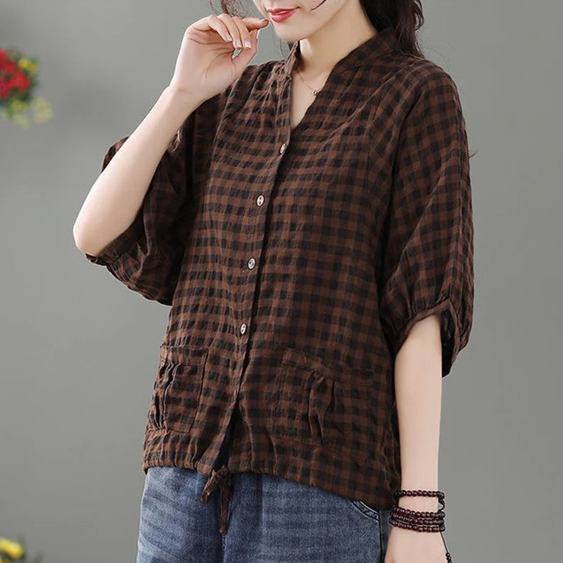 Fashion V-Neck Loose Spliced Pockets Bandage Plaid Shirt Women's Clothing 2025 Summer New Casual Tops All-match Commute Blouse
