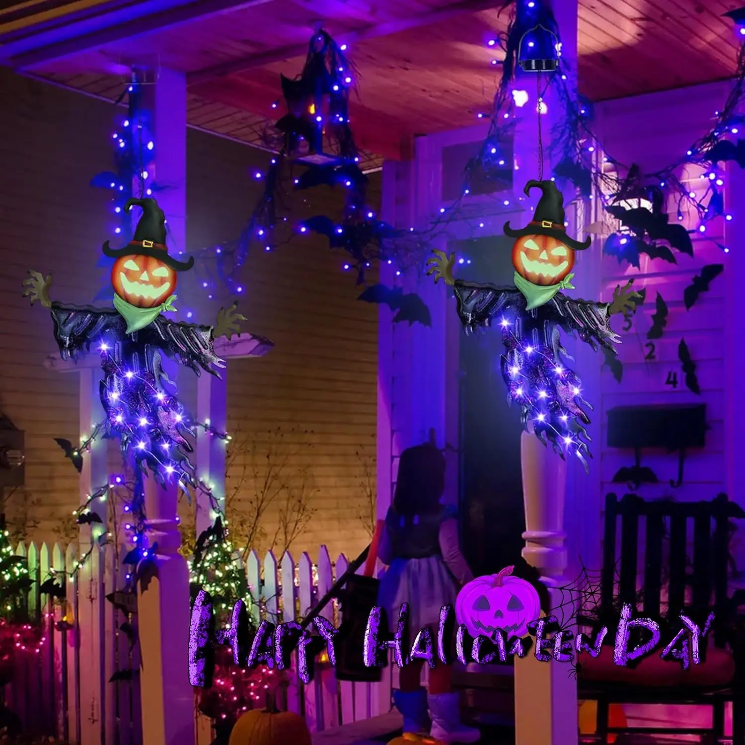 Solar Halloween Metal Hanging Decorations Outdoor, Solar Powered Lighted Metal Pumpkin with Glowing Eyes - view 2