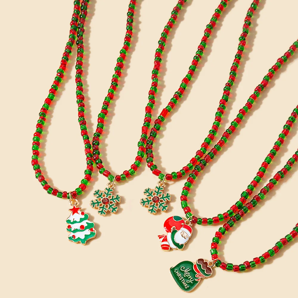 

New Christmas color matching beads Cartoon Santa Claus wreath Christmas tree oil drop necklace accessories for women