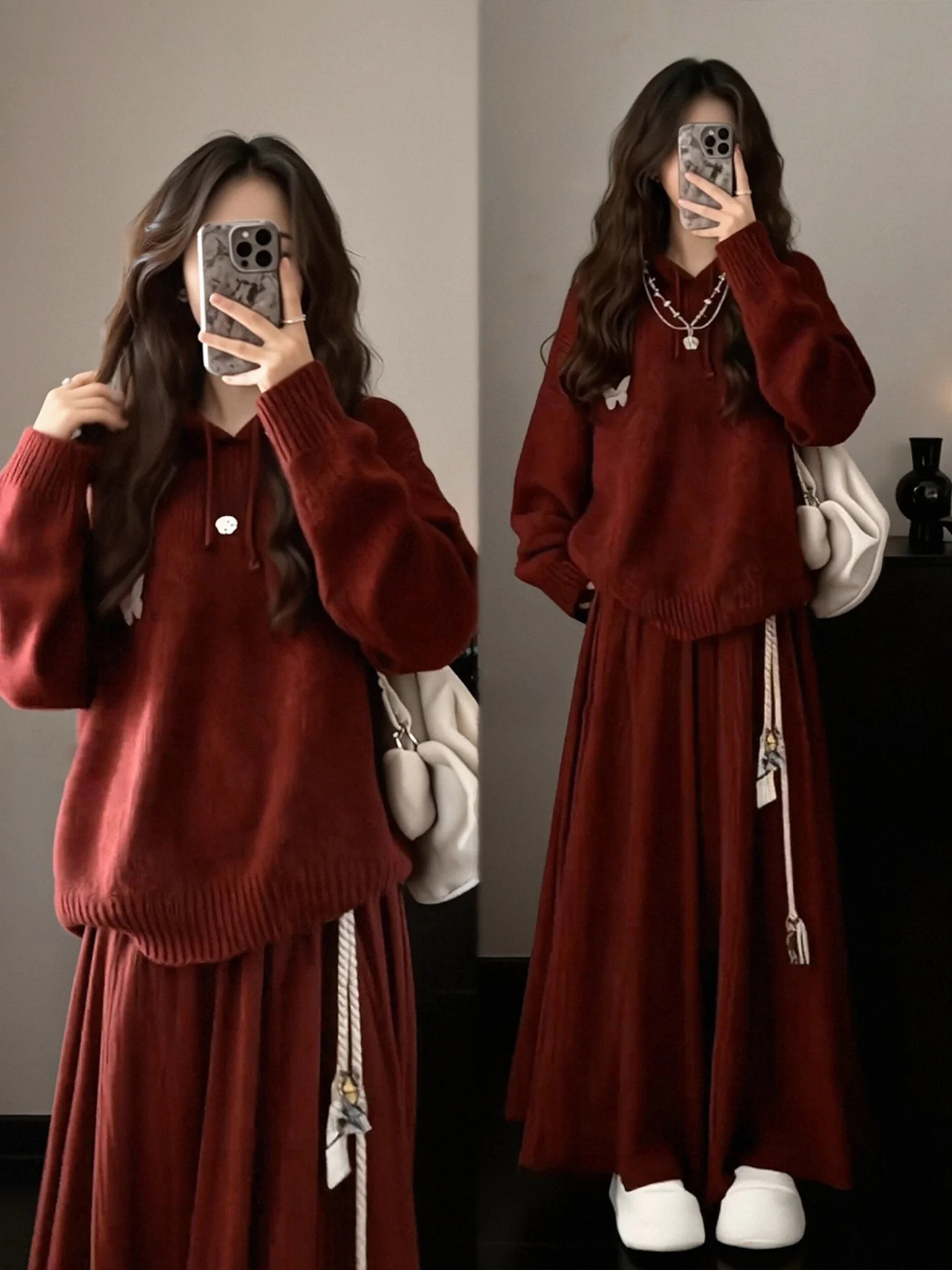 

Комплект зимней модной одежды больших размеров: красный вязаный свитер с капюшоном и юбка. Новогодний образ. Женская повседневная одежда.