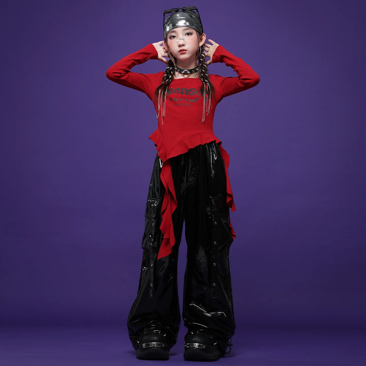 Kind Kpop Hip Hop Kleidung Rot Rüschen Strap Saum T Shirt Schwarz Straße PU Leder Niet Cargo Hosen für Mädchen Tanz Kostüm Kleidung