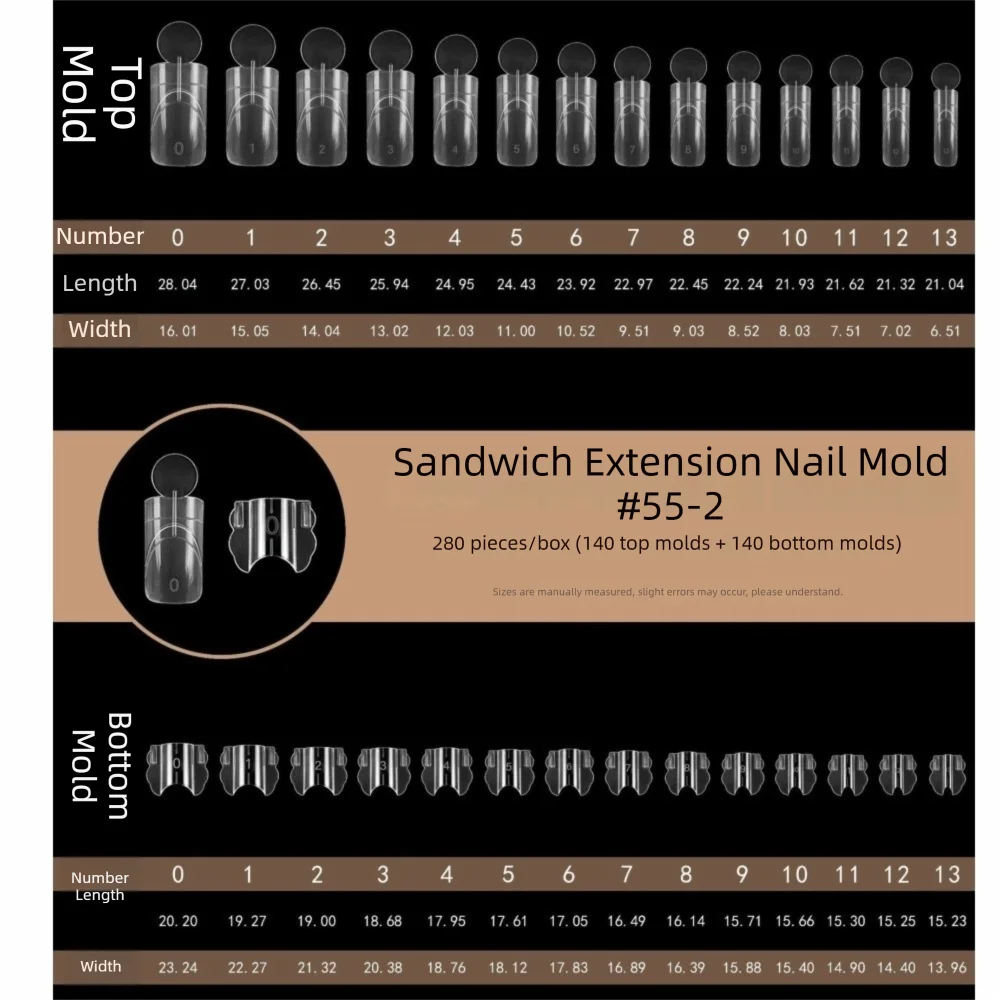280pcs 14 Sizes Sandwich Dual Nail Forms Reusable Transparent Nail Extension Forms Double-Layer Square Oval
