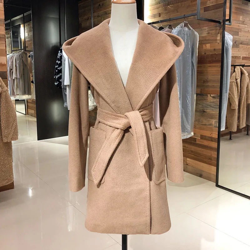 Hooded coat water ripple Luo - camel wool women's cashmere jacket small woolen