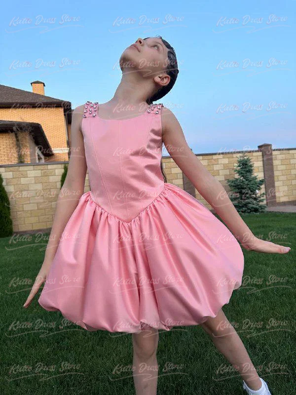 Customized Pink Satin Sleeveless Flower Girl Dress for Wedding Beading Puffy Kids Birthday Party First Communion Ball Gowns