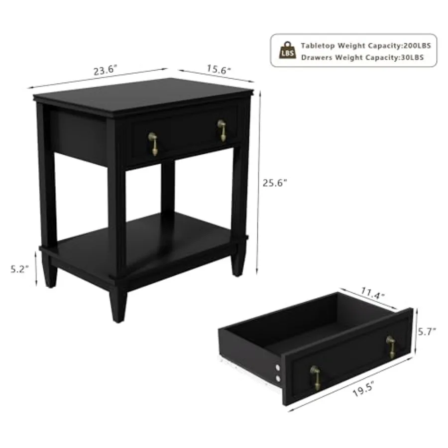 24 Inch Nightstands Set of 2 with Drawer, Side Table with 1 Drawer and Open Shelf, Vintage Small Bedside Table with Handles, 2-