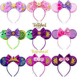 Disney Rapunzel Ears Headbands For Women Sunflower Sequins Bow Hairband Girl Sun Flower Headwear Kids Chameleon Hair Accessories