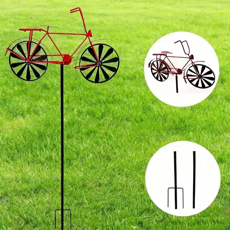 Red rectangular metal garden windmill with ground stakes, weather-resistant Art Deco style power sculpture