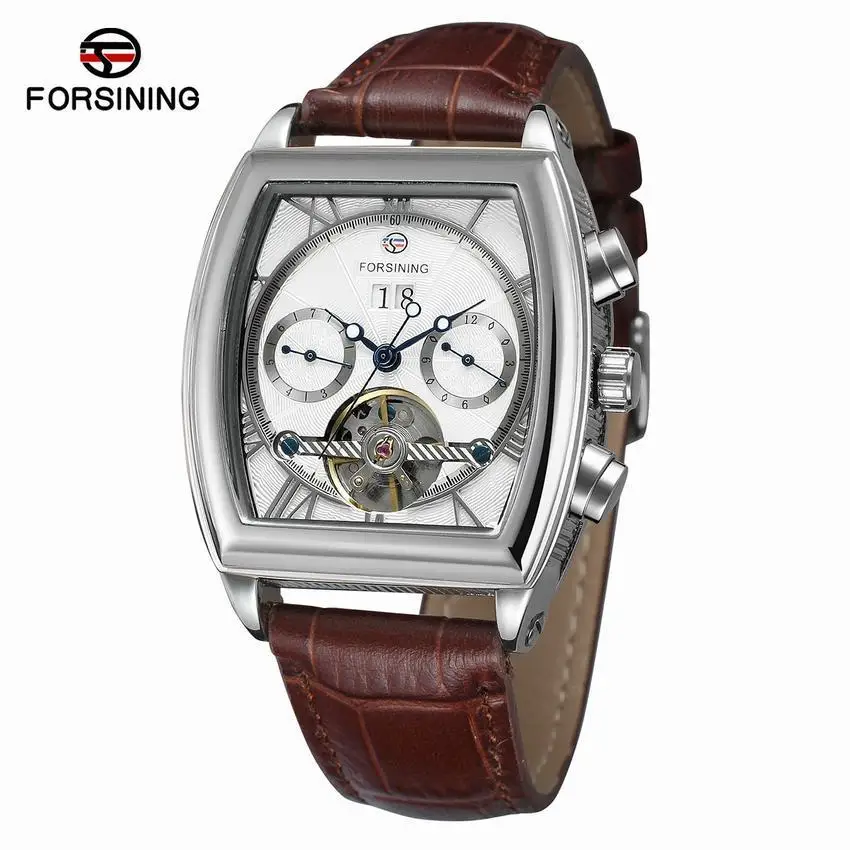 Fashion Men's Forsining Top Brand Leisure Bucket Shaped Tourbillon Fully Automatic Mechanical Calendar Multifunctional Watches