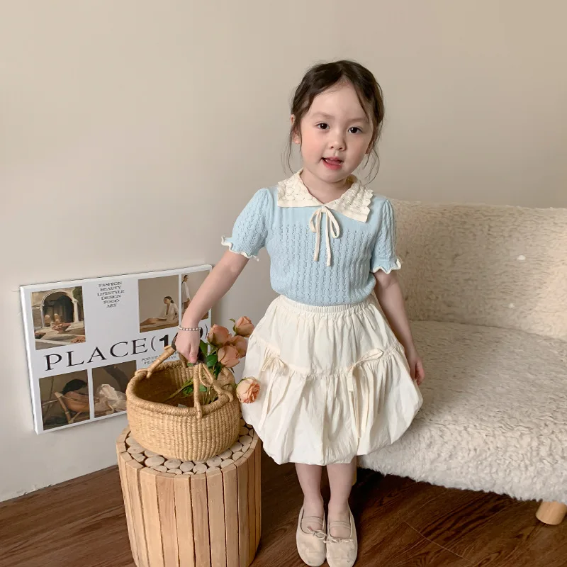 

Girl Clothes Suit Children Girls Suit 2024 Summer New Korean Style Children Knitted Sweater Lantern Short Skirt Girl 2-piece Set