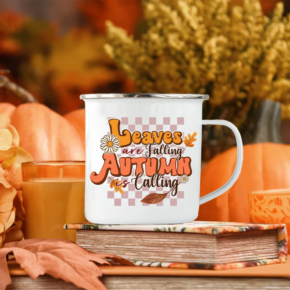 Thanksgiving Enamel Mugs Leaves Are Falling Autumn Is Calling Print Coffee Cups Thanksgiving Fall Party Juice Beer Drink Tea Mug