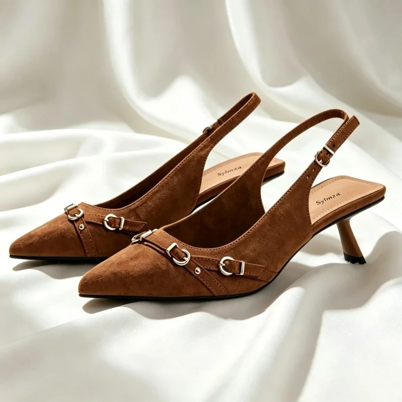 Brown Suede Pointed Toe Slingbacks High Heels Women Fashion Buckle Strap Detail Heeled Sandals for Ladies Luxury Designer Shoes