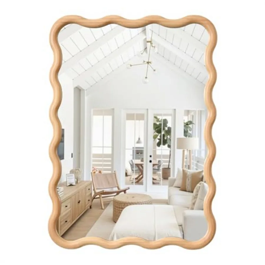 

Natural Rectangular Mirror for Wall 20x28 Inch Wooden Wavy Bathroom Farmhouse Country Vanity Large Irregular Mirror for Nursery