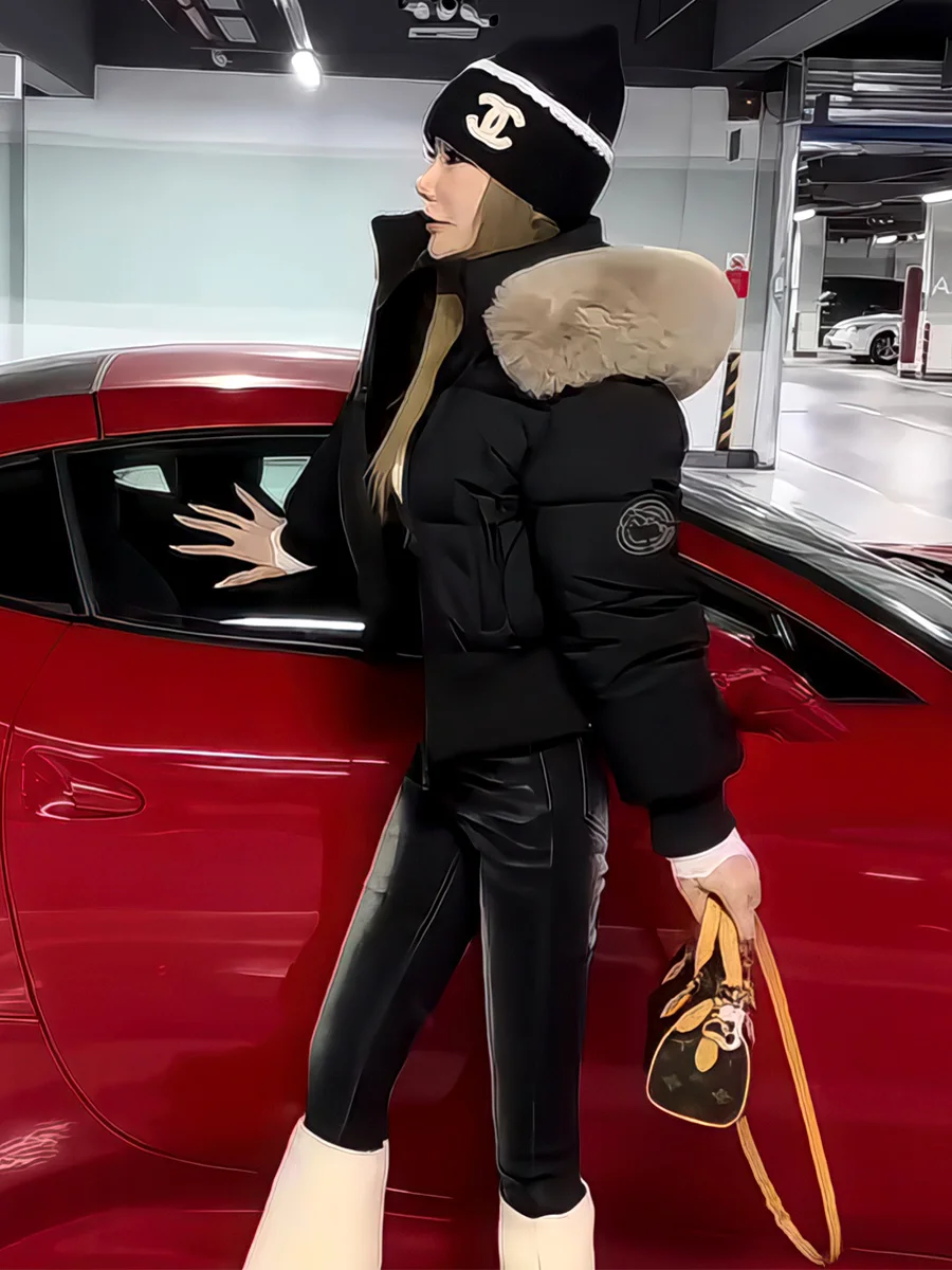 

Women's ort Puffer Jaet Bla Waist-Cinching 90 White Du down Large Fur Collar Hooded Warm Slimming Outerwear