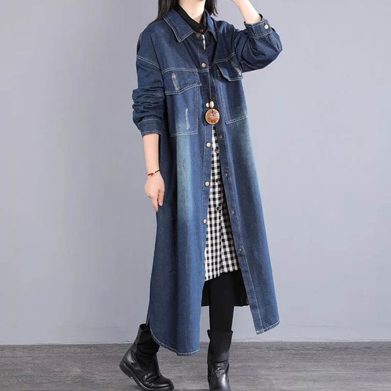 Große Größe frauen Koreanische Denim Hemd Kleid Frühling Lose Lange Denim Mantel Weibliches Hemd Lange Kleider einreiher JJ628