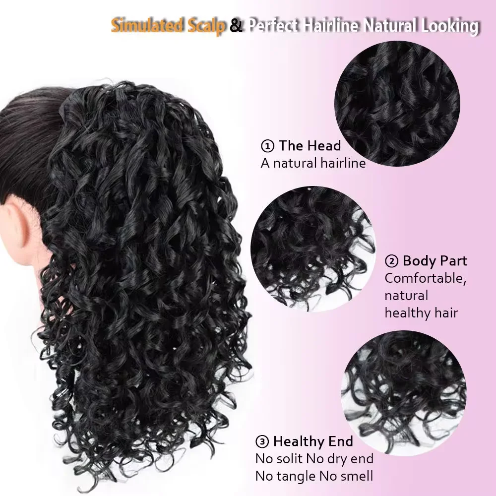 Sintético longo Kinky Curly Ponytail para mulheres, extensão do cabelo com cordão, clip-in, aparência natural, extensões de cabelo