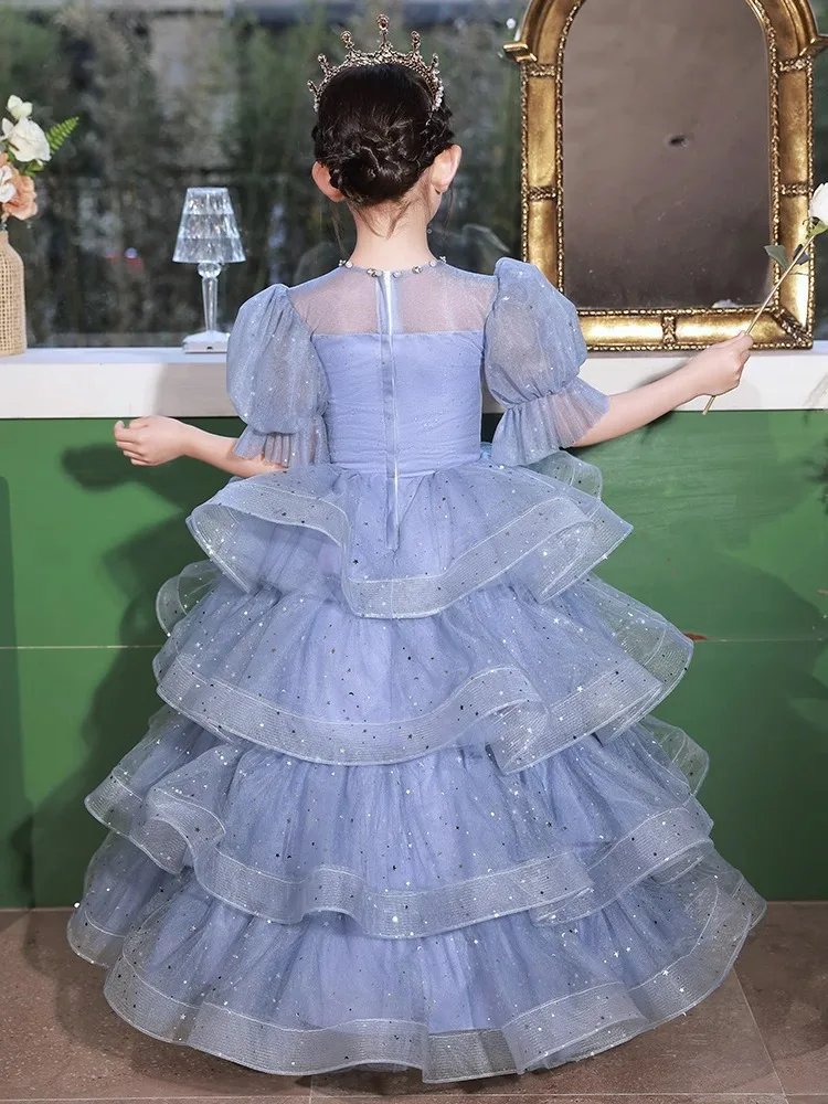 Vestidos de niña de flores de bebé con mangas abullonadas azules personalizados vestidos de fiesta de graduación de cumpleaños de boda para niños cansados