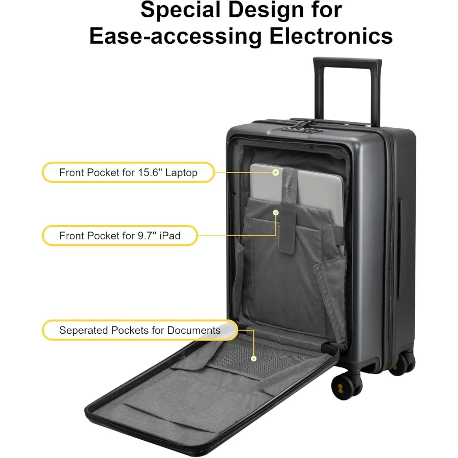 LEVEL8 Bagagem de mão com compartimento Mala de mão leve de casca dura de 20 polegadas com rodas aprovada pela companhia aérea com frontal