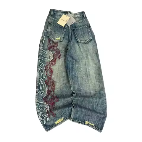 American Fashion Trend Joker Pattern Embroidered Loose Jeans Women Street Y2K New Hip Hop Oversized Wide-leg Pants Unisex Jeans