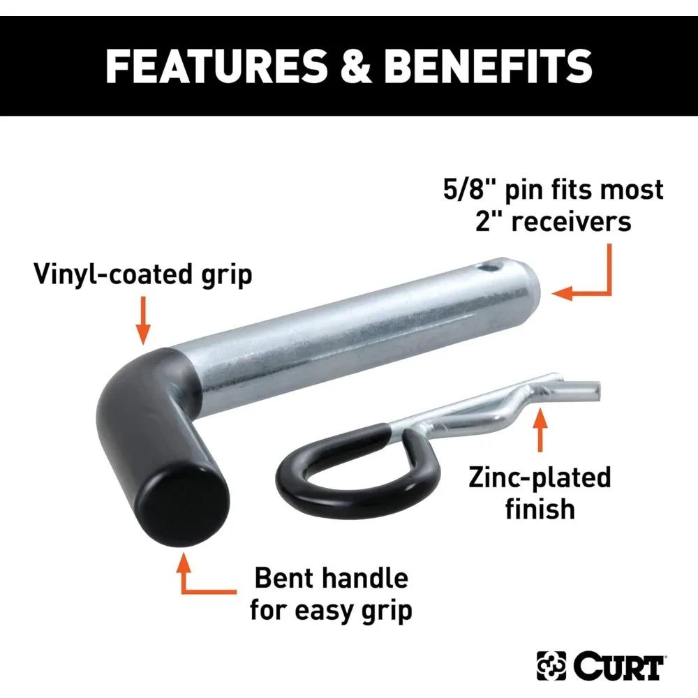Pino e clipe de engate de reboque de 5/8 polegadas com punho revestido de vinil, cabe em receptor de 2 polegadas, acabamento em zinco transparente