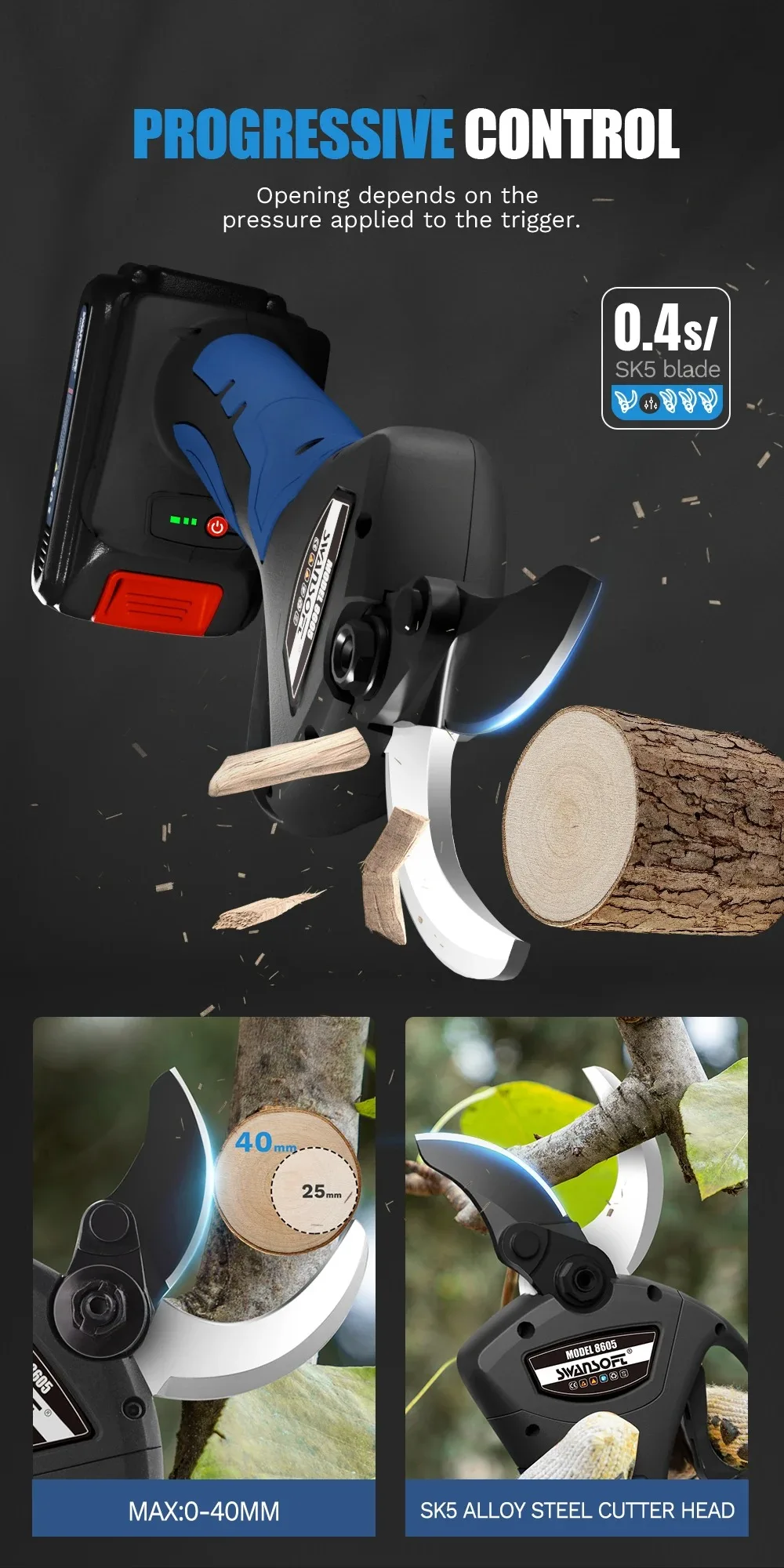 SWANSSOFT 8605 Elektrische Astschere 1050W, 0-40mm, 21V 2Ah Akkus, Progressiver Schnitt für Hausgarten, Weinberge und Obstbaum-Pflege – Detail 9