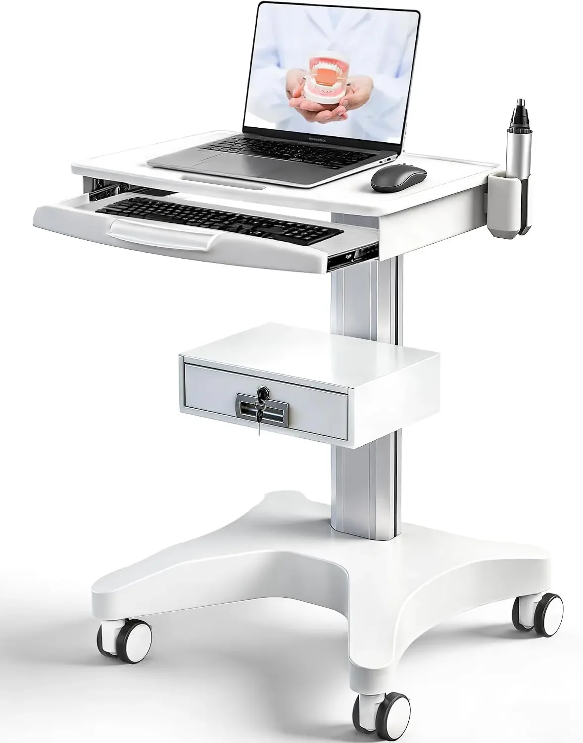 White Medical Trolley Cart with Laptop Tray & Oral Scanner Holder 220LBS, Mobile Workstation with Wheels & Drawer for Hospital D