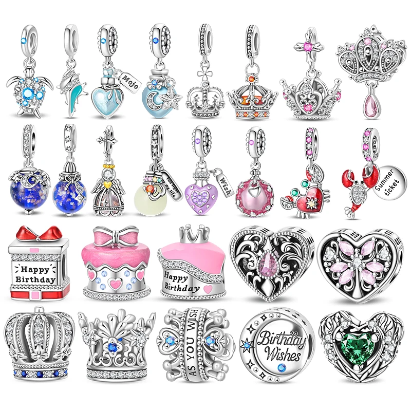 100% 925 Sterling Silver Crown Shrimp Crab Charms Beads Butterfly Heart Birthday Pendants Fit Bracelet Jewelry Gifts Marking