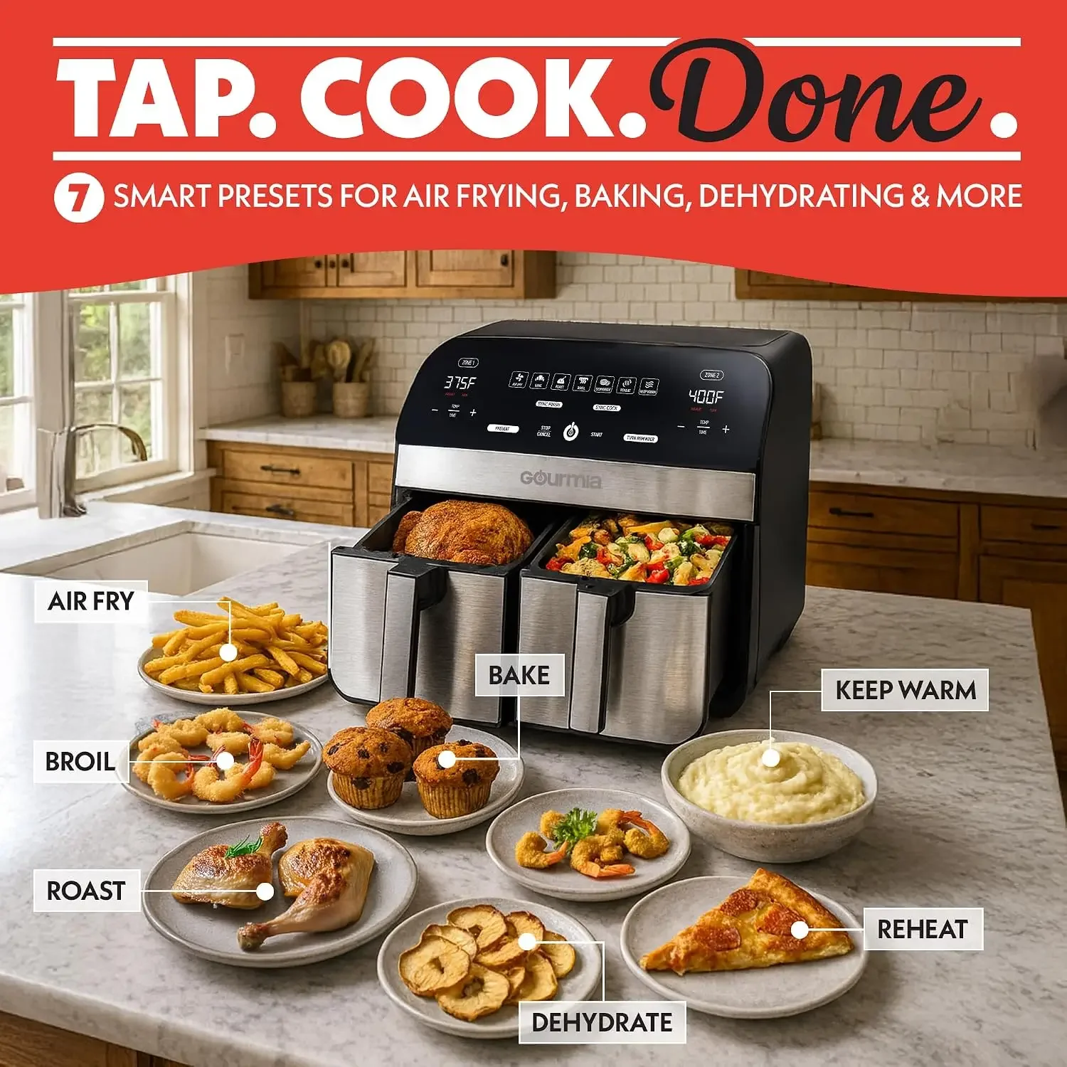 Dual Basket Air Fryer - 10 Qt Large Capacity, FryForce360º, Digital Display with 7 Presets, Roast, Bake, Broil, Dehydrate